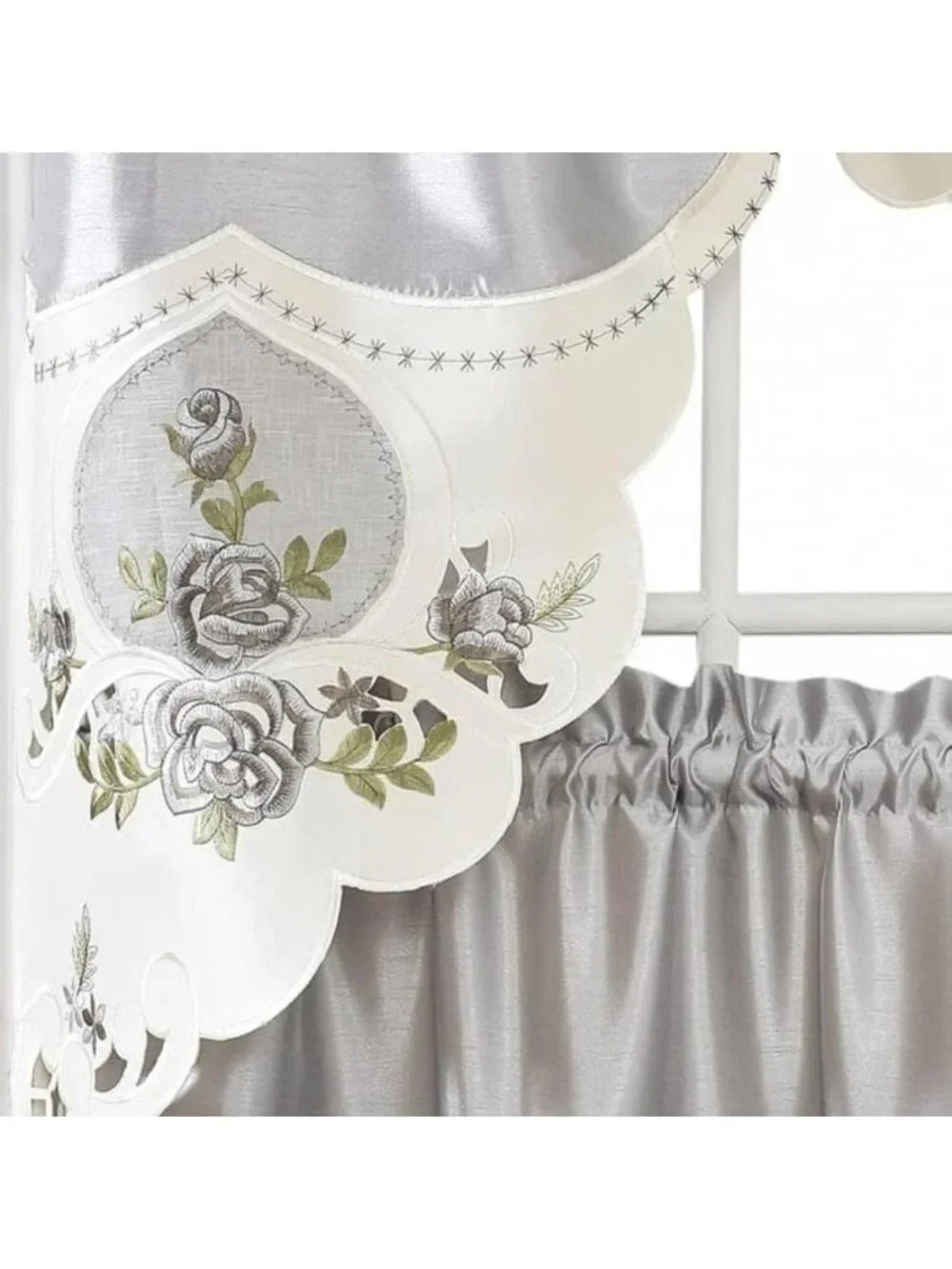 Farmhouse Kitchen Curtain Set - 3pcs Rose Embroidery Swag & Tiers for Small